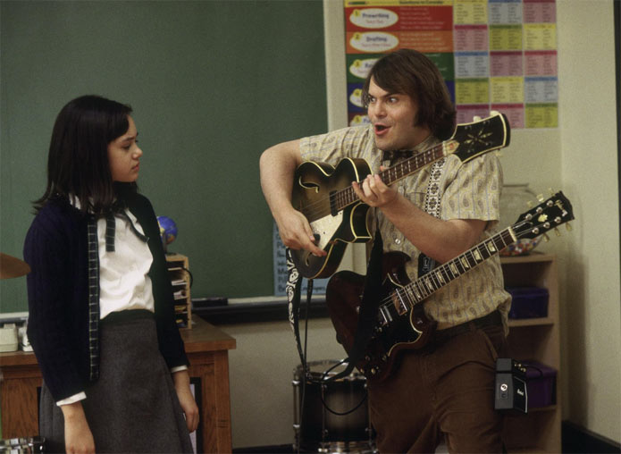 In School of Rock, after being kicked out of his rock band, Dewey Finn (Jack  Black) becomes a substitute teacher of an uptight elementary private  school