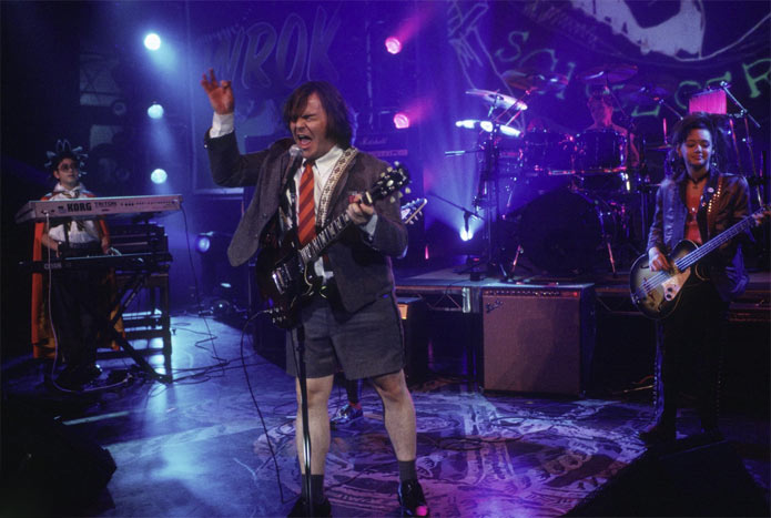 In School of Rock, after being kicked out of his rock band, Dewey Finn (Jack  Black) becomes a substitute teacher of an uptight elementary private  school