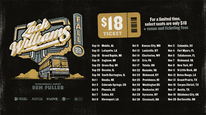 Zach Williams Fall '22 Tour Kicks Off Sept. 14, Limited Tickets Available for $18!