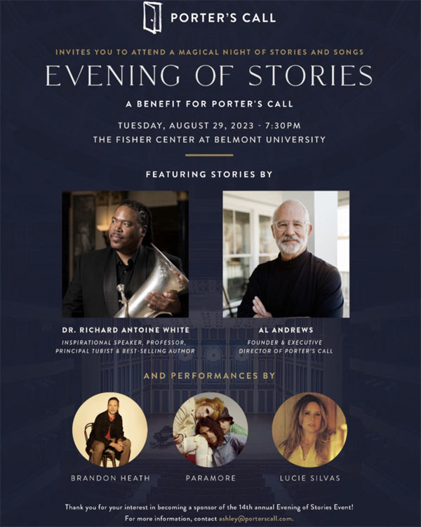 Porter's Call Announces Their Annual Event 'Evening of Stories' Will Be Held August 29th At The Fisher Center