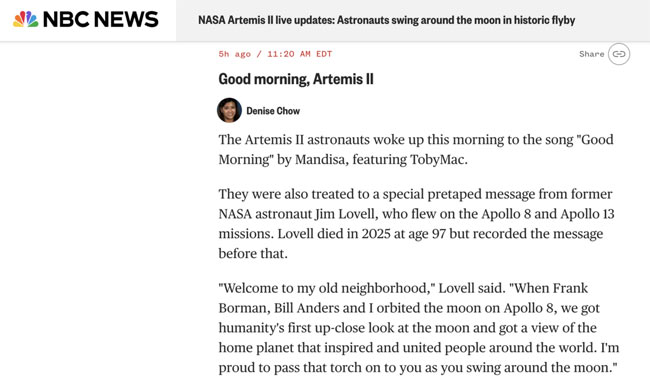 Artemis II Astronauts Woke Up This Morning to the track 'Good Morning' by Mandisa, featuring TobyMac